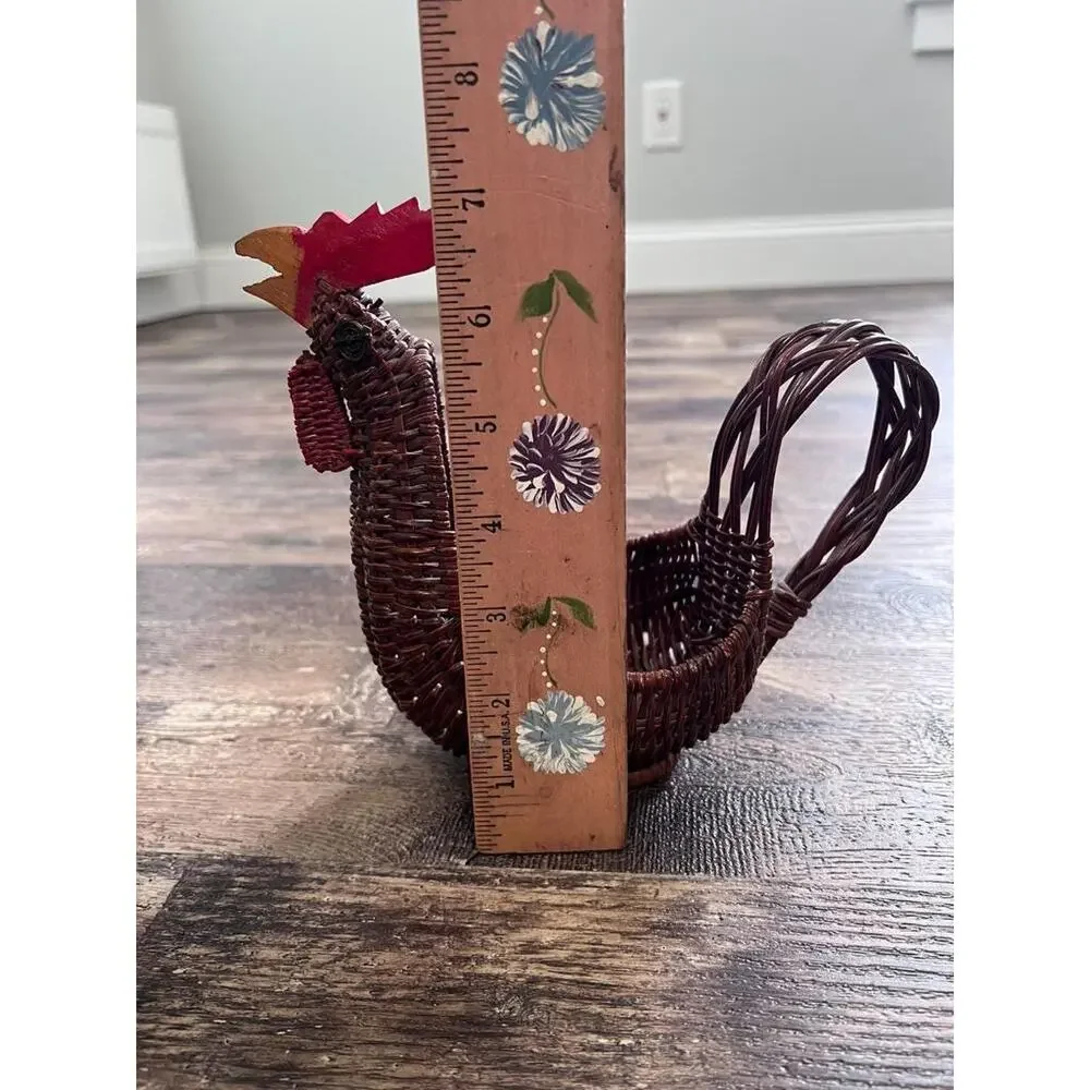 Vintage Wicker Rooster Basket | Handwoven Chicken with Carved Wooden Head